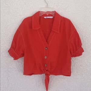 Zara Red/Coral cropped Button down Women's Top size XS